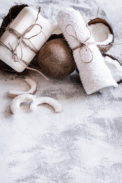 Spa still life of organic cosmetics with coconuts