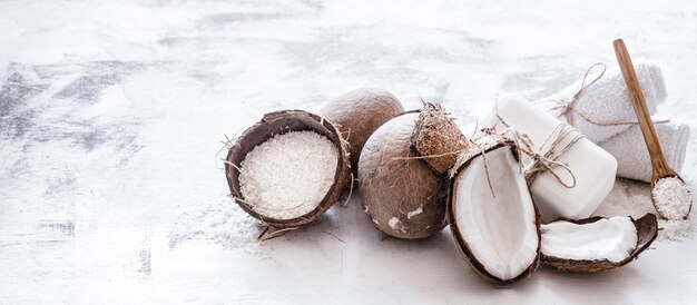 Spa still life of organic cosmetics with coconuts