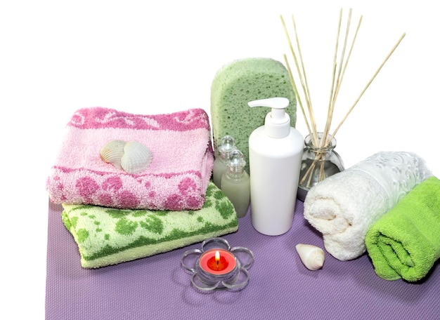 Spa still life Personal hygiene items towels on a table closeup