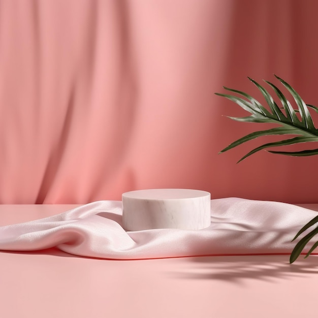 Spa still life White marble podium on the pink background with silk fabric AI Generated