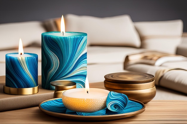 Spa still life with aromatic candles and flowers on a wooden background