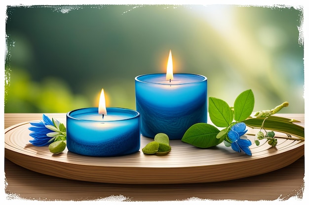 Spa still life with aromatic candles and flowers on a wooden background