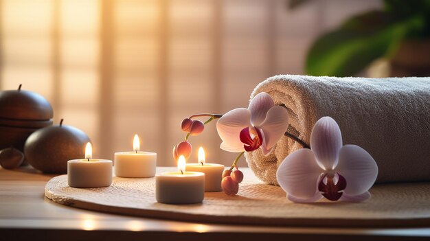 Photo spa still life with aromatic candles orchid flower and towel