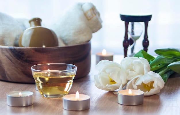 spa still life with body oil, aromatherapy