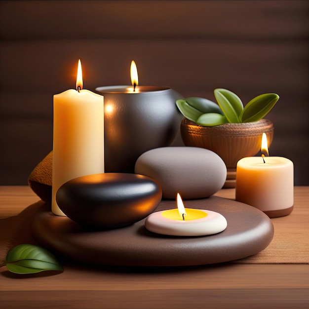 Spa still life with candles and orchid Hot stone massage setting lit by candles