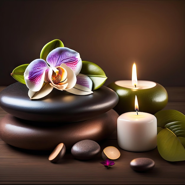 Spa still life with candles and orchid Hot stone massage setting lit by candles