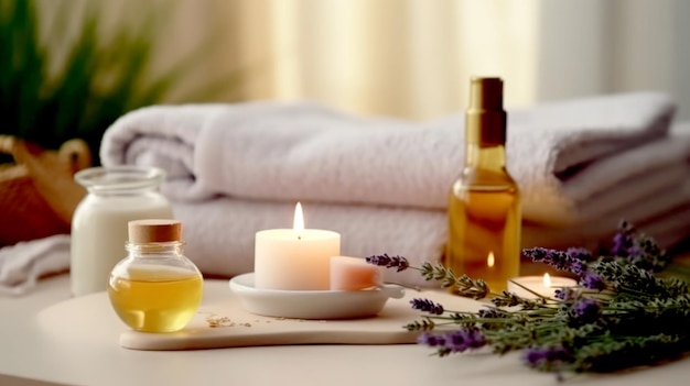 spa still life with candles and towel