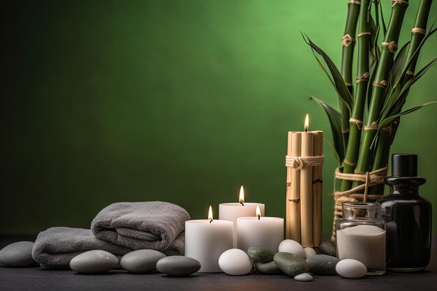 Spa still life with foreground with burning white candles stones and bamboo stems