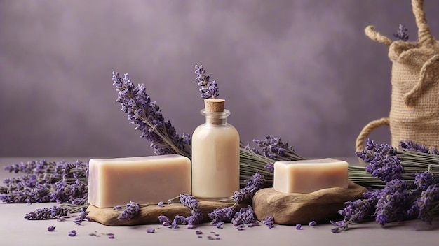 Spa still life with lavender soap and fresh lavender flowers