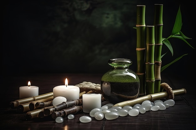 Spa still life with lit candles stones bamboo tray group of bamboo stems and defocused background