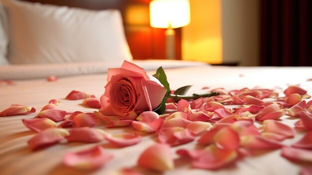 Photo spa still life with rose rose on the bed in the hotel rooms petals on the bed for a romantic