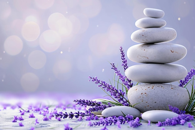 Spa still life with stack of stones and lavenders