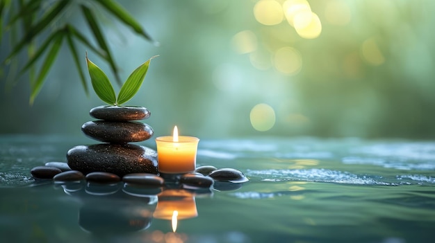 Photo spa still life with stacked of stoneburning candle and bamboo leaf