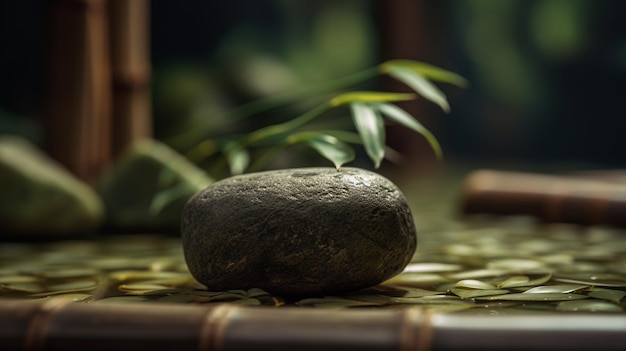 Spa still life with stones and bamboo on a bamboo matgenerative ai