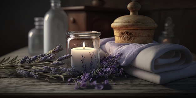 Spa still life with towels scented candle lavender branches oil bottle and blur background