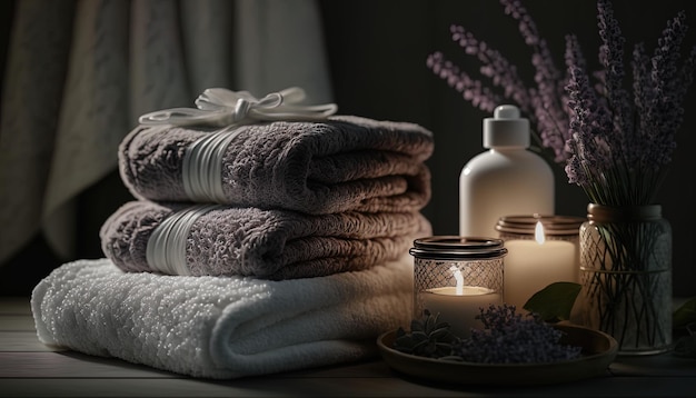 Spa still life with towels scented candles lavender branches and blur background