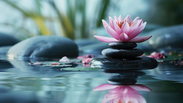 Спа-натюрморт с водяной лилией и камнем дзен в спокойном бассейне