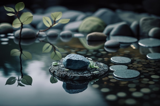 Premium AI Image  A zen stone in a pool of water with water and