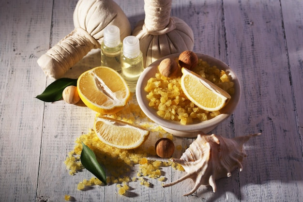 Spa still life on wooden planks background