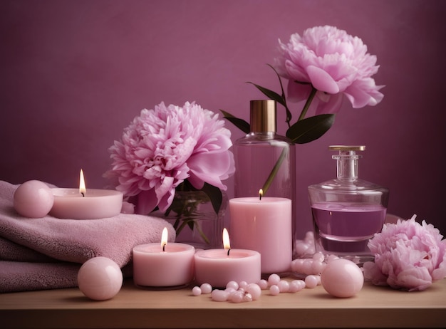 Spa-stilleven met kaarsen en rozen Spa-stilleven met kaarsen en bloemen Spa-stilleven
