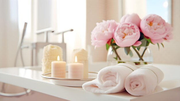 spa stilleven met roze rozenblaadjes met kaars