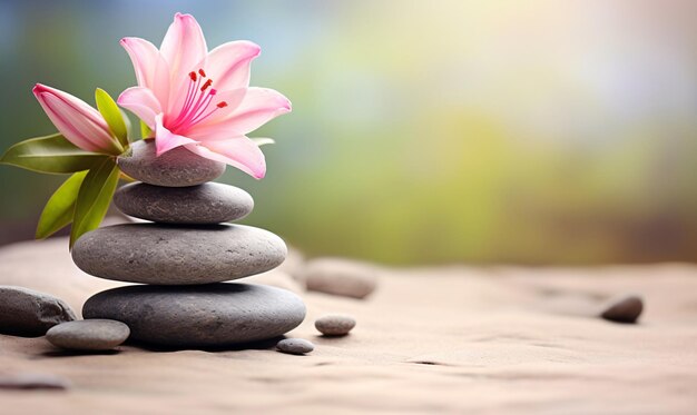 Spa stilleven met zen stenen en bloemen yoga meditatie concept illustratie achtergrond