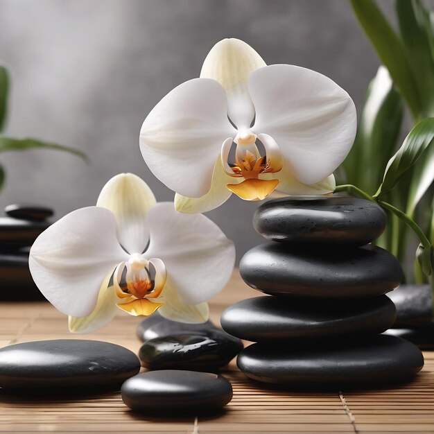 Spa stilleven van bloeiende witte orchidee met zwarte zen stenen close-up 3d rendering