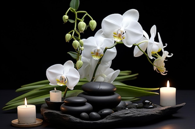 Spa stilleven van bloeiende witte orchidee met zwarte zen stenen close-up d rendering