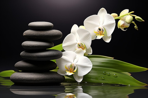 Spa stilleven van bloeiende witte orchidee met zwarte zen stenen close-up d rendering