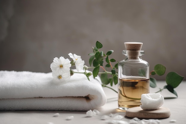 Spa stilllife concept White towel and a small bottle of essential oil