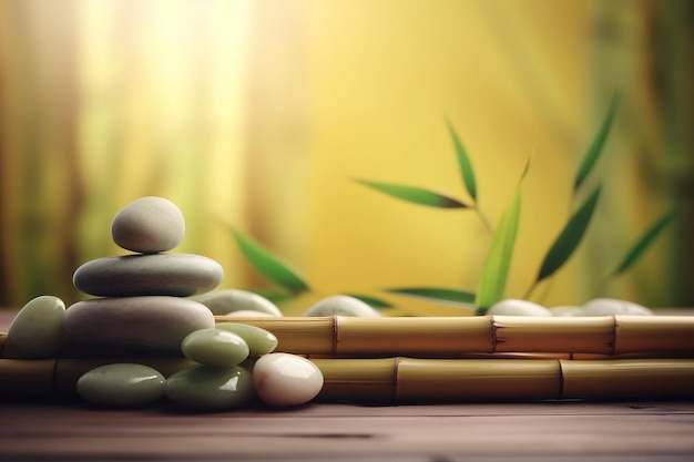 Spa stones and bamboo leaves on a table on a blurry background Space for text