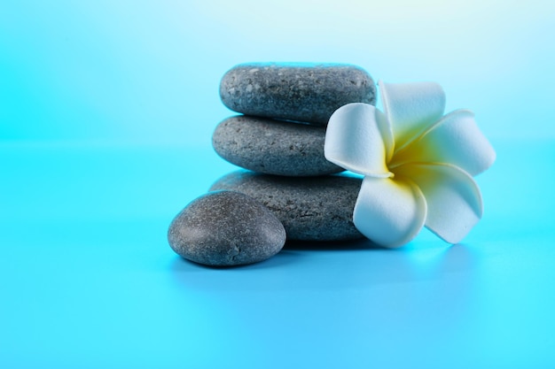 Spa stones and flower on blue background