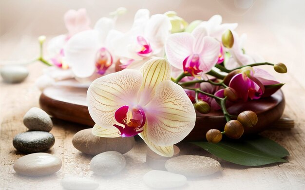 Фото Курортные камни, цветочные головки орхидей на деревянном фоне