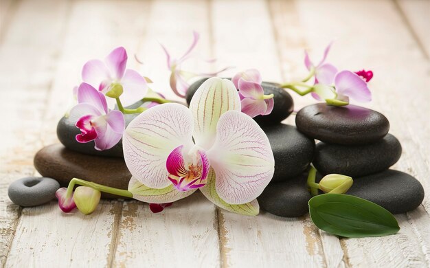 Spa stones orchid flower heads on a wooden background