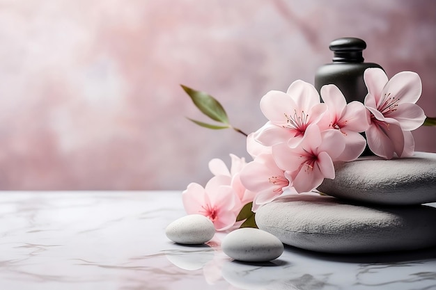 Spa stones and pink flowers on marble table