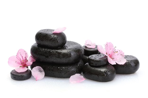 Spa stones with drops and pink sakura flowers isolated on white