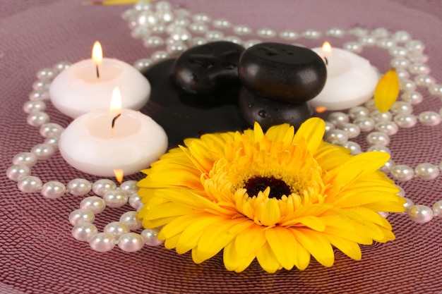 Spa stones with flower and candles in water on plate