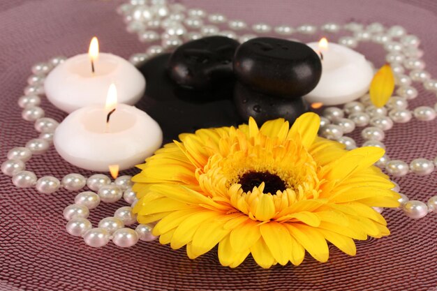 Спа-камни с цветком и свечами в воде на тарелке