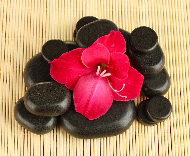 Spa stones with gladiolus bud on straw background closeup