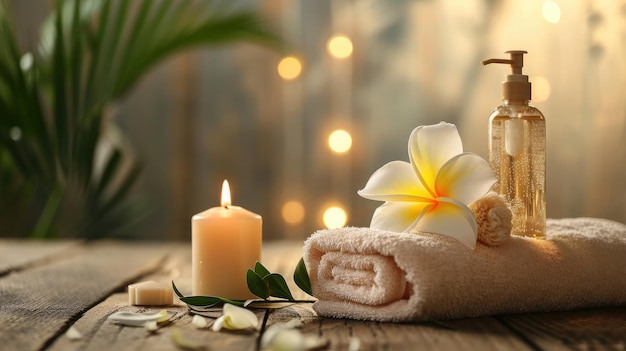 Spa supplies burning candle and flower on table in beauty salon space for text