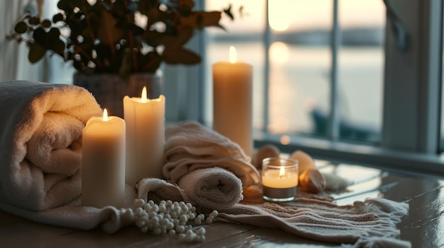 Photo spa table full of towels and white candles