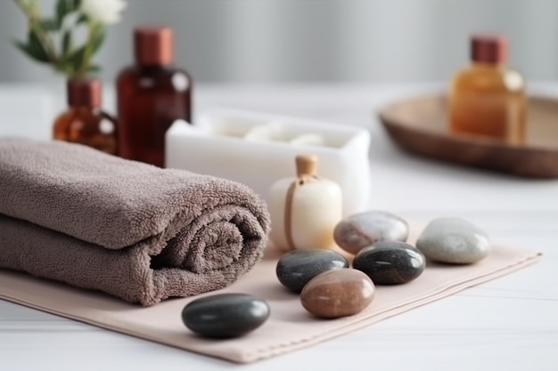 A spa table with a towel and a bottle of soap on it