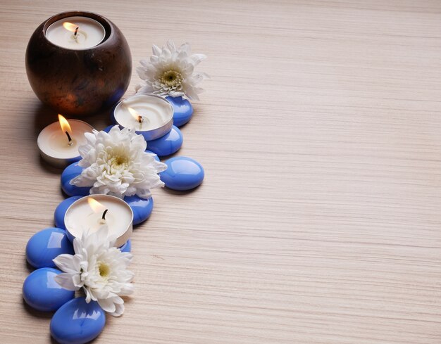 Spa theme concept candle stone nature flower bamboo