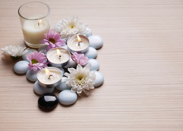 Spa theme concept candle stone nature flower bamboo