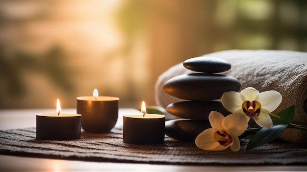 Spa therapy with hot stone and candle