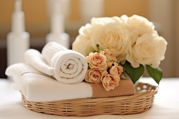 Spa towels arranged on white tray with a bouquet of flowers Generative AI