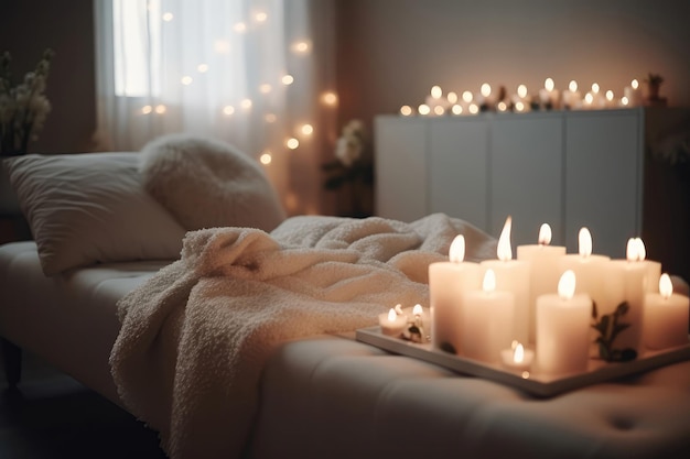 Спа-полотенца лежат на белом диване, вокруг горят свечи, яркая красивая комната со спа-диваном Генеративный AI