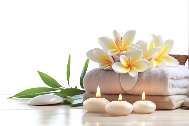 Photo spa treatment aromatherapy with candles stones and flowers for relax wellness