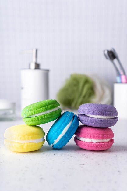 Spa treatment bath bombs in the form of colored cakes with aromatic oils bright delicate colors