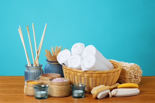 spa treatment tools on wooden table